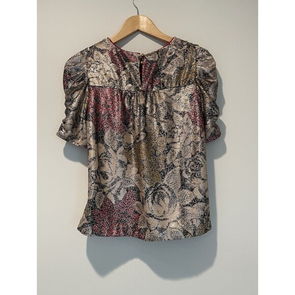 Anthropologie Pink and Gold Ruched Puff Sleeve Floral Sequined Top Sz‎ 0 - Picture 4 of 7
